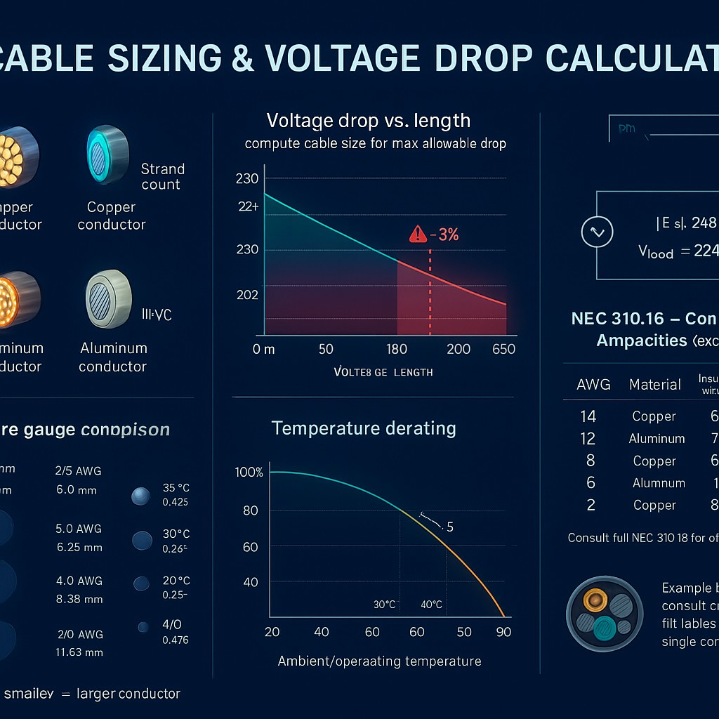 Cable Sizing & Voltage Drop Calculator (NEC/IEC/BS 7671)
