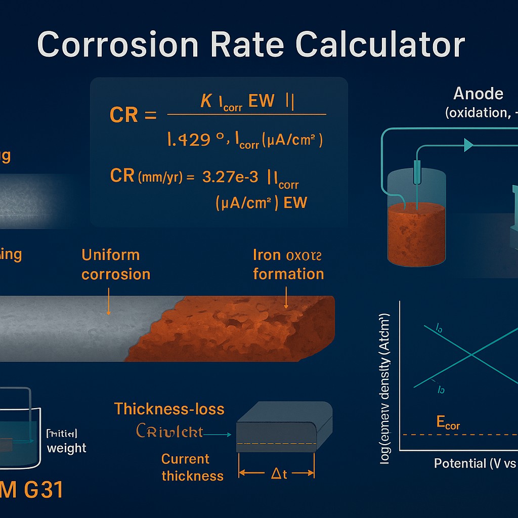 Corrosion Rate Calculator (ASTM G31 / Electrochemical / Thickness-Loss)